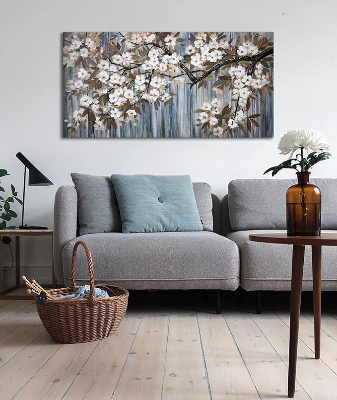 Large Canvas Wall Art for Living Room Wall Decor Abstract White Flower Tree with Gray Driftwood Picture Modern Framed Canvas Prints Artwork Ready to Hang for Bedroom Home Wall Decoration size 29x58