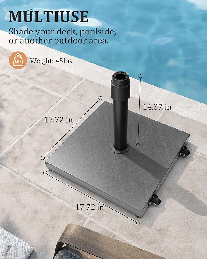 42lbs Patio Umbrella Base with Wheels - Heavy Duty Outdoor Patio Market Umbrella Stand for Deck with Rollers, Poolside, Balcony, Wind-Resistant Design, Grey