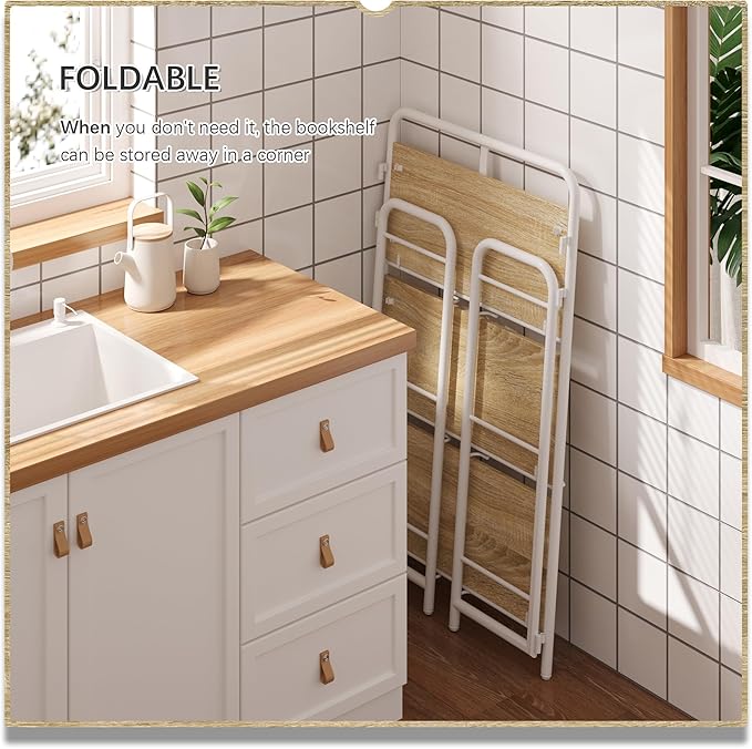 4NM No Assembly Folding Bookshelf, 3 Tiers Collapsible Book Shelves Open Industrial Foldable Storage Bookcase Shelf for Bedroom, Living Room, Home Office - Natural and White