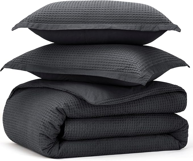 Bedsure Cotton Duvet Cover Set - 100% Cotton Waffle Weave Charcoal Duvet Cover Oversized King Size, GentleSoft™ and Breathable Bedding Set for All Season, 3 Pieces, 120"x98"