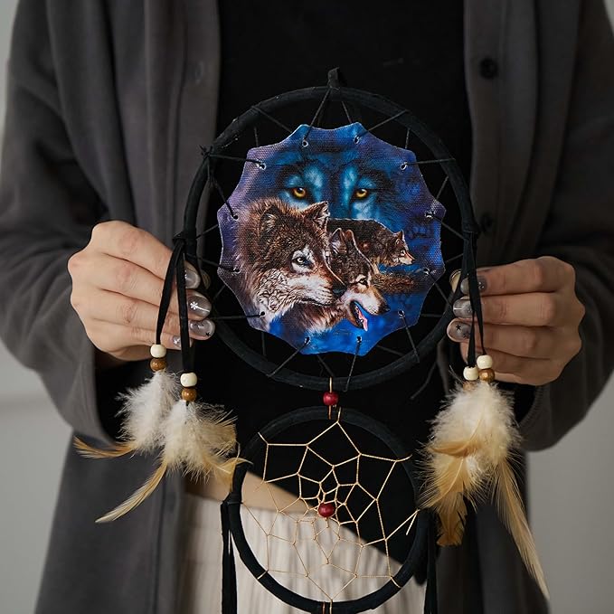 Remorelt Wolf Eagle Bear Dream Catcher Bedroom Wall Decor, Christmas Home Decoration, Room Accessory, White Moon Feather Decoration - Unique Home Craft Wall Pendant (DC08 6Inch Find 12 Wolves)