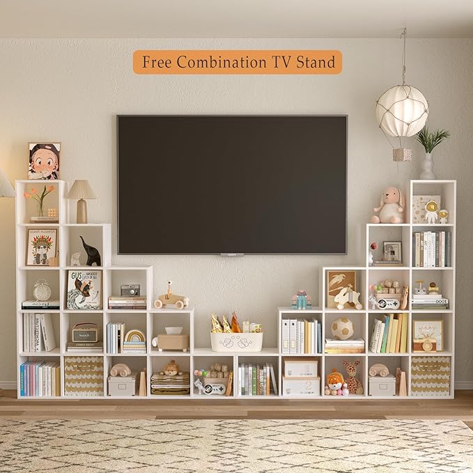 Ladder Cube Storage Bookcase - Wooden L-Shaped 5-Tier Corner Shelf, Reversible 15-Cube Organizer for Home & Office, White