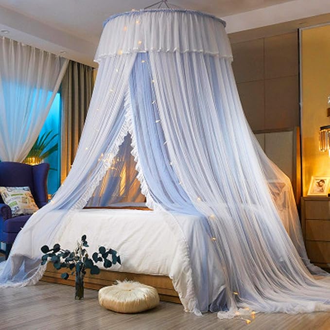 VETHIN Princess Bed Canopy for Girls,Bed Canopy Curtain- Double Layer Sheer Mesh Dome Bed Curtain- Round Lace Princess Mosquito Net Tent with led Stars String Lights(Light Gray/White1)