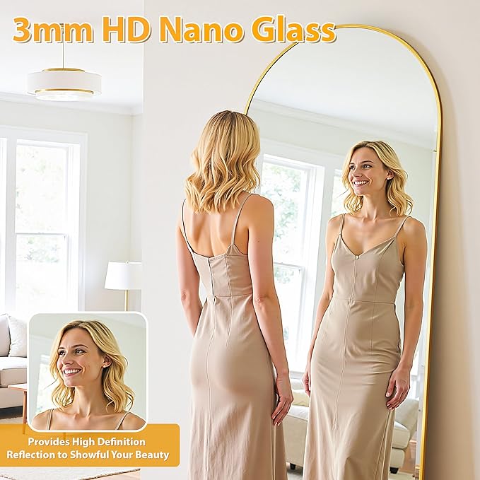 Full Length Mirror, 76"x34" Oversized Floor Mirror Freestanding, Full Body Mirror Floor Standing Mirrors with Stand, Hanging Mounted Mirrors for Bedroom Living Room, Gold, Arched Style