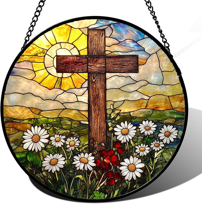 Christian Gifts for Women - Cross Stained Glass Window Hanging Easter Golden Sun Daisy Floral Sun Catcher Garden Religion Decor Mother's Day Catholic Gift for Men Grandma Nana Her 7.8"