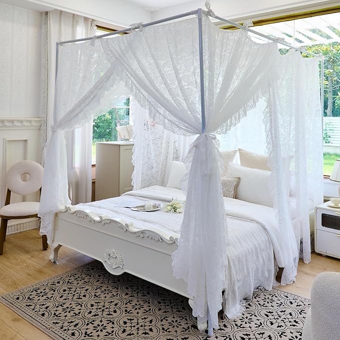 AIKASY Elegant Lace Princess 4-Poster Bed Canopy Mosquito Net - Romantic Wedding Bridal Bedroom Decor, Kids Room Bed Curtain for Women Adults - (White-3,Twin)