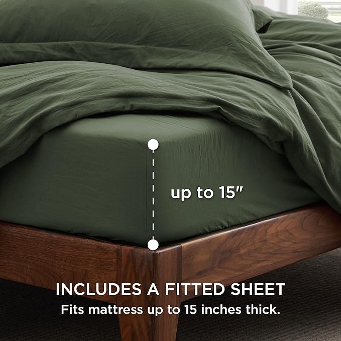 Bedsure Duvet Cover King Size with Fitted Sheet - 4 Pieces Prewashed Cotton-Like Polyester Extra Soft Bedding Set, Includes 1 Duvet Cover 104x90 Inches, 2 Pillow Shams, 1 Fitted Sheet, Olive Green
