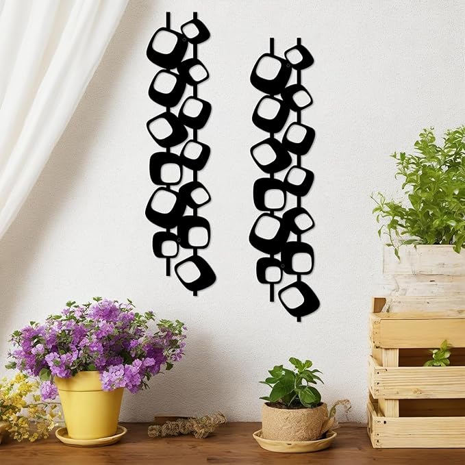 ruelen Mid Century Abstract Metal Wall Art Sculpture - Textured Geometric Decor, Set of 4, 3D Black Vertical and Elegant Design for Living Room, Bedroom, Office, Home (15.7x3.9in)