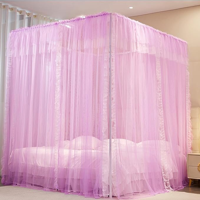 4 Corners Post Princess Curtains Bed Canopy for Girls 8 Panels Curtain- Double Layer Sheer Mesh Canopies Drapes Girls Room Decor (8P-Purple/White, 4P(27"x82") W+4P(40"x82") L/(Full))