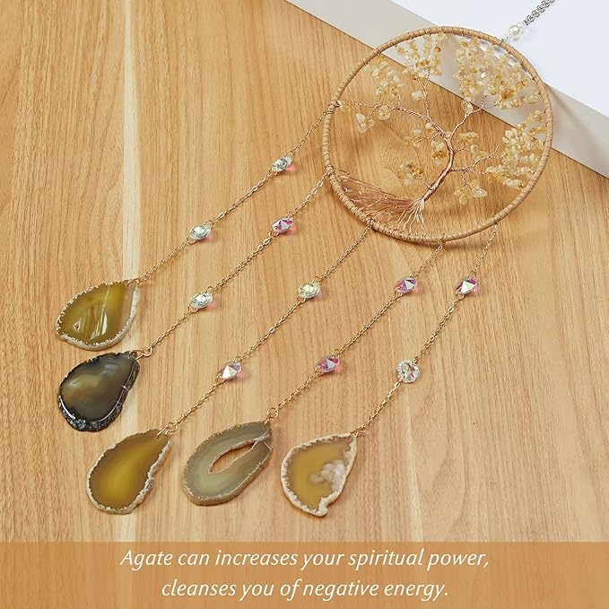Agate Citrine Gemstone Dream Catcher 7 Chakras Gold Tree of Life Dream Catcher with Healing Crystal Stones Handmade Dreamcatcher Wall Decor for Adults Boys Girls,Bedroom,Wedding,Garden,Bless Gift