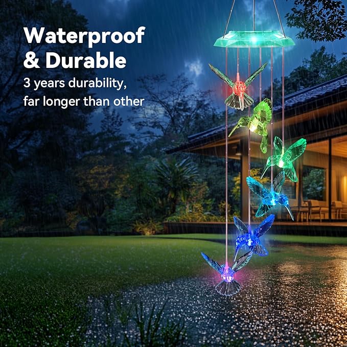 Wind Chimes,Hummingbird Solar Wind Chimes for Outside, Memorial Wind Bell for Garden/Patio Mobile Decorative Thanksgiving Gifts for Mom, Wife, Grandma Neighbors(Green 28")