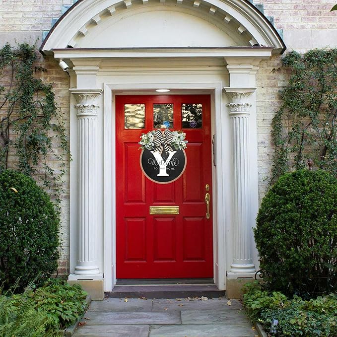 Circular Surname Front Door Welcome Sign - 26 Letter House Wreath, Front Porch Decorations, Year-Round Home Decor (Y)