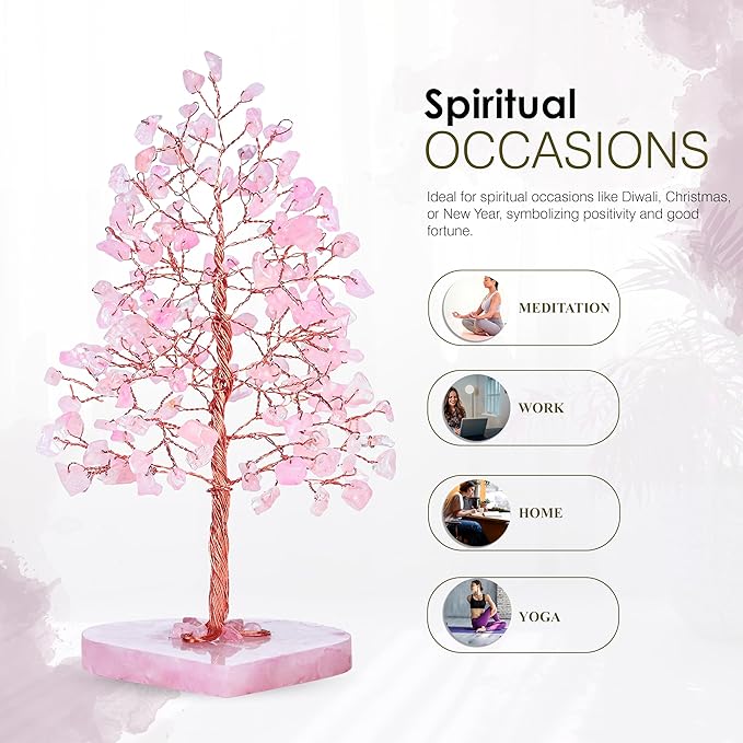Crocon Crystal Heart Base Tree of Life Gifts for Women, Rose Quartz Healing Crystals Tree Brings Positive Energy, Good Luck, Money, Feng Shui Home & Office Desk Decor, for Mom & Wife Present