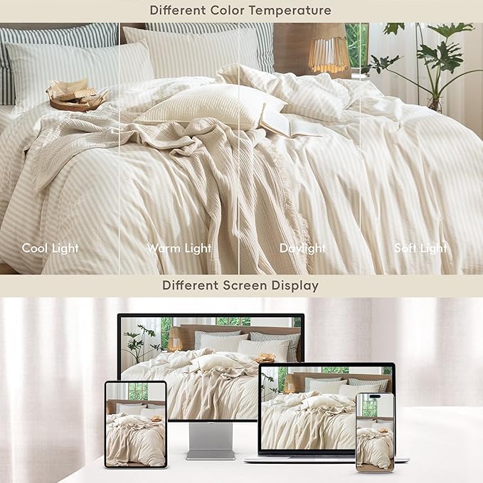 MooMee Striped Duvet Cover Set 100% Washed Cotton Linen Like Textured Breathable Durable Soft Comfy (Almond Milk Grey Classic Stripes, Cal King 104"x98")