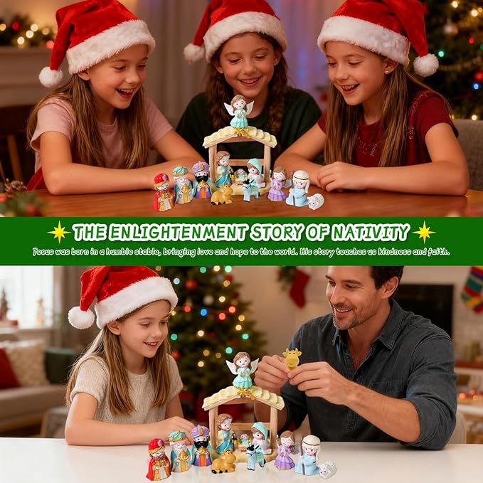 13Pcs Nativity Scene Educational Toy for Kids, Christmas Little Figurines Nativity Set, Reenact Miniature Nativity Figures Christian Toys for Toddler 3 4 5 6 7+ Christmas Birthday Gift