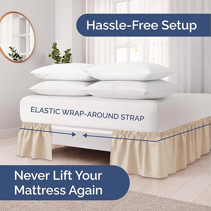 Wrap Around Dust Ruffle Bed Skirt - Cream - for Full Size Beds with 24 Inch Drop - Easy Fit Elastic Strap - Adjustable Pleated Bedskirt w/Brushed Fabric - Wrinkle Free - for Women, Men, Kids & Teens