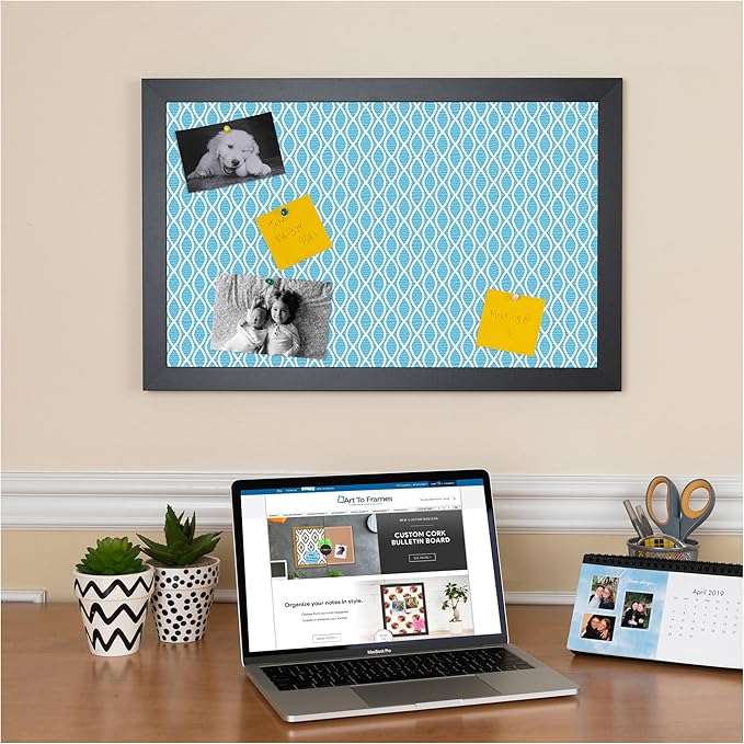 PinPix 14x12 inch Cork Bulletin Board. This Decorative Framed Pin Board Comes with Sky Blue Waves Design and a Satin Black Frame. Ideal for Home Office Decor (PinPix-245)
