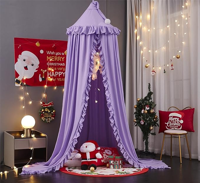 VETHIN Bed Canopy for Girls,Princess Round Dome Dreamy Mosquito Net Bedding Girls Room Castle Play Tent Hanging House Decor Reading Nook Canopies (Purple)