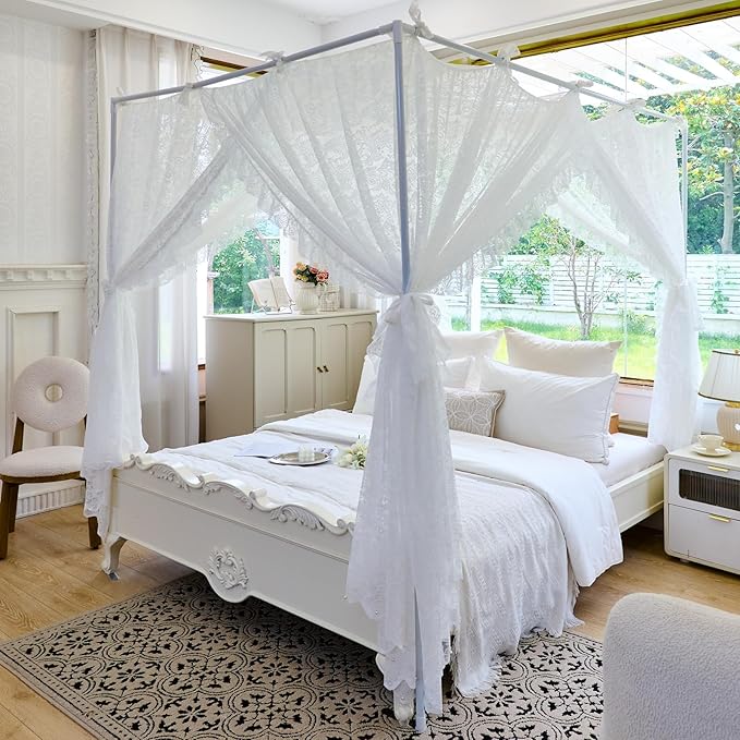 AIKASY Elegant Lace Princess 4-Poster Bed Canopy Mosquito Net - Romantic Wedding Bridal Bedroom Decor, Kids Room Bed Curtain for Women Adults - (White-3,Twin)