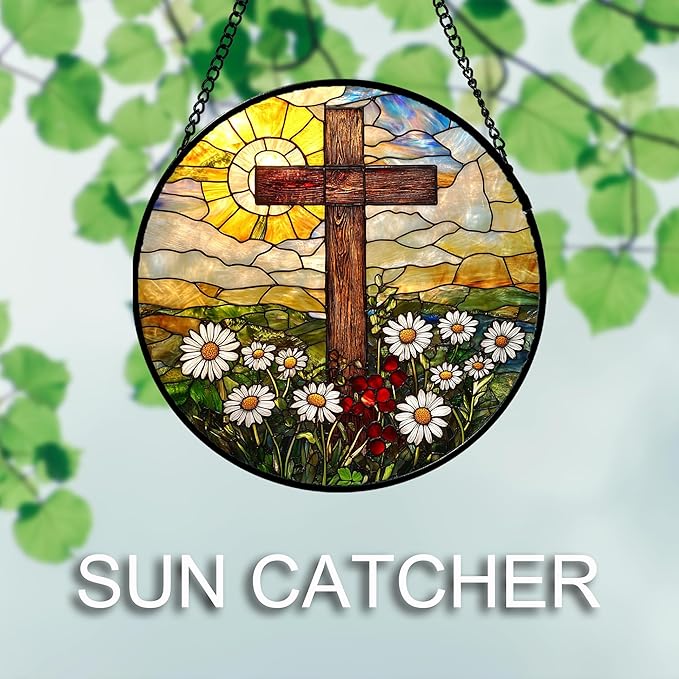 Christian Gifts for Women - Cross Stained Glass Window Hanging Easter Golden Sun Daisy Floral Sun Catcher Garden Religion Decor Mother's Day Catholic Gift for Men Grandma Nana Her 7.8"
