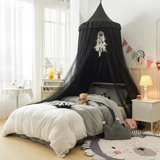 Bed Canopy for Girls,Princess Round Dome Dreamy Mosquito Net Bedding Girls Room Castle Play Tent Hanging House Decor Reading Nook Canopies (Black/Black)