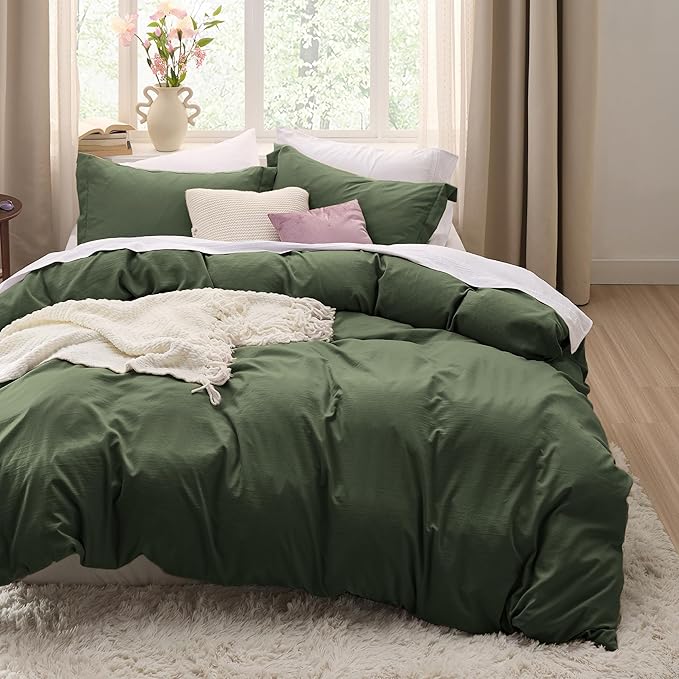 Bedsure Olive Green Duvet Cover Full Size - 3 Pieces Prewashed Extra Soft Cotton-Like Polyester Bedding Set, Includes 1 Duvet Cover 80x90 Inches with Zipper Closure & 2 Pillow Shams, No Comforter