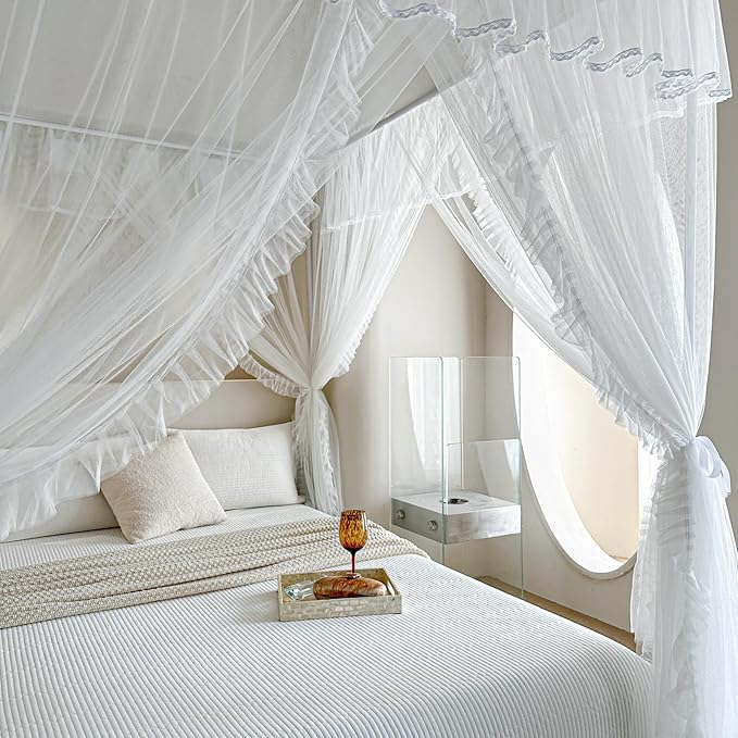 AIKASY 4 Corners Post Ruffle Princess Bed Canopy Curtain - Double Layer Cozy Drape Netting with 4 Openings - Elegant Mosquito Net for Girls and Adults Bedroom Decoration (White, Twin)