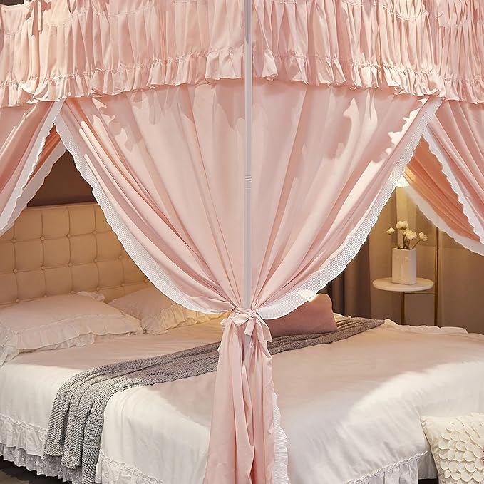 Ruffle Lace up 4 Corners Post Princess Curtain Bed Canopy Cozy Breathable Mosquito Net Cloth for Girls Adults Bedroom Decoration (Pink, 78" W*86" L*82" H/King)