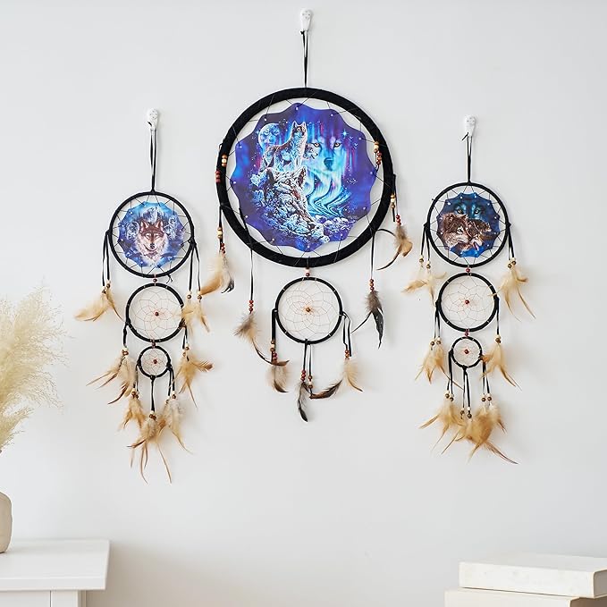 Remorelt Wolf Eagle Bear Dream Catcher Bedroom Wall Decor, Christmas Home Decoration, Room Accessory, White Moon Feather Decoration - Unique Home Craft Wall Pendant (DC03 13inch Set 3 Wolves)