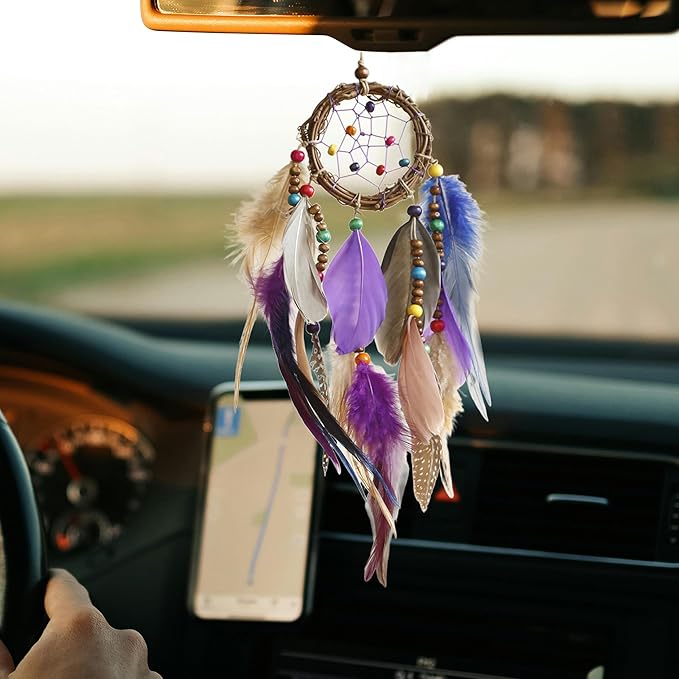 Mini Dream Catcher for Car Rear View Mirror Accessories - Handmade Small Purple Dreamcatchers Boho Car Charm Interior Decor, Native Ameican Indian Ornament