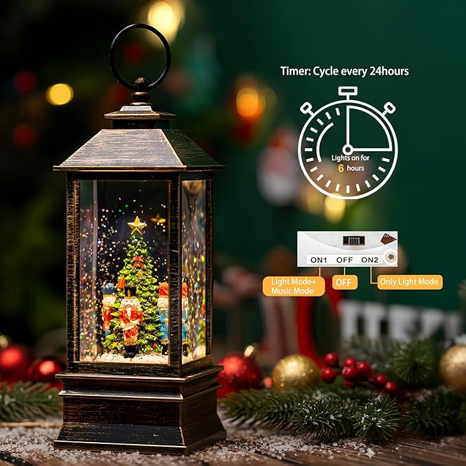 10'' Nutcracker Snow Globe, Musical Christmas Water Lantern with Swirling Glittering Home Decoration and Gift, Battery Operated or USB Powered