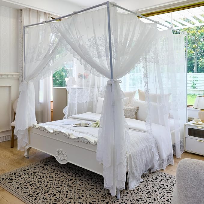 AIKASY Elegant Lace Princess 4-Poster Bed Canopy Mosquito Net - Romantic Wedding Bridal Bedroom Decor, Kids Room Bed Curtain for Women Adults - (White1,Twin)