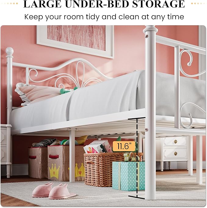 SHA CERLIN Twin Size Bed Frame for Kids,Metal Bed Frame with Butterfly Pattern Design Headboard & Footboard,No Box Spring Needed,Easy Assembly,White