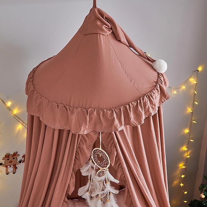 VETHIN Bed Canopy for Girls,Princess Round Dome Dreamy Mosquito Net Bedding Girls Room Castle Play Tent Hanging House Decor Reading Nook Canopies (JujubeRed)