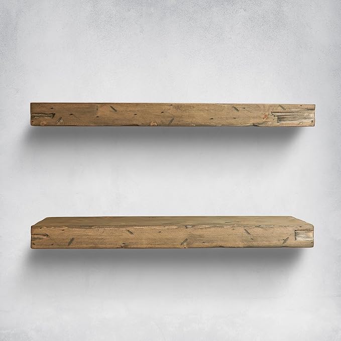 Urbandi Rustic Distressed Floating Shelves, Set of 2, Handmade Out of Pine Wood, 3 Inch Thick, Made in USA (Aged Barrel, 24Lx3Hx8D)