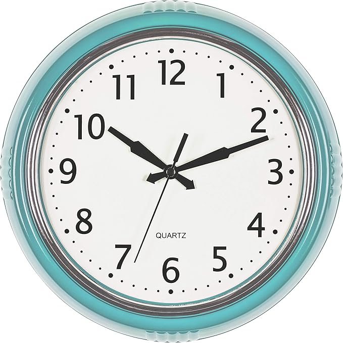 Bernhard Products Retro Wall Clock 12 Inch Blue Kitchen 50's Vintage Design Round Silent Non Ticking Battery Operated Quality Quartz Clock (Robin Egg Blue)