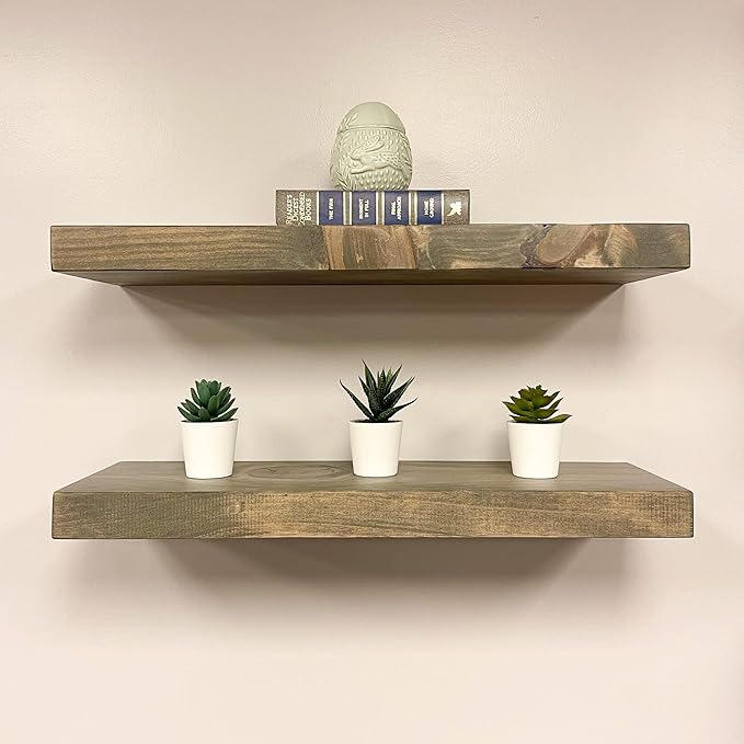 URBANDI, Rustic Floating Shelves, Set of 2, Hidden Bracket, Solid Wood, Heavy Duty, Wall Mounted Shelves, (Grey, 48Wx6D)
