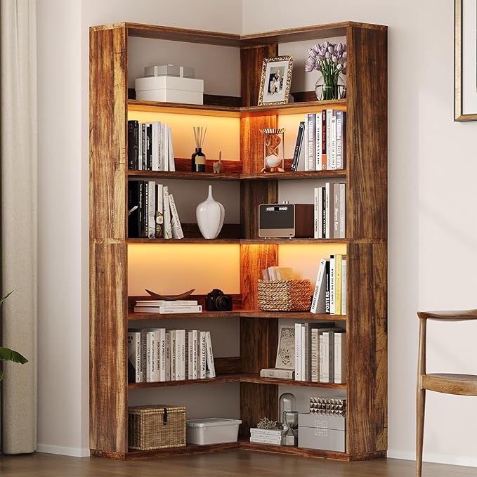 4 EVER WINNER Corner Bookshelf, 6 Tier Bookcase with LED Light and Storage, Industrial Tall Bookshelf Etagere Bookcase, 71” Corner Book Shelf with Storage Display Rack with Baffles for Home Office