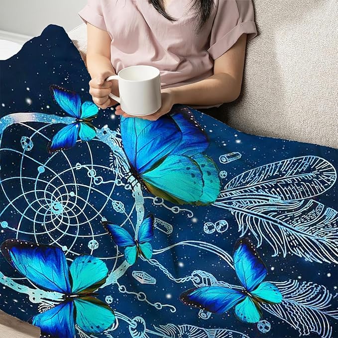 Blue Butterfly Blanket for Womens Girls Dream Catcher Throw Blanket Gifts for Kids Boys Soft Warm Cozy Flannel Blanket for Couch Sofa Bed 40"x50"