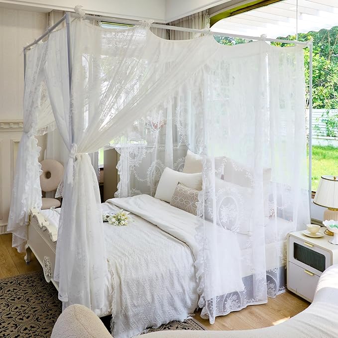 AIKASY Elegant Lace Princess 4-Poster Bed Canopy Mosquito Net - Romantic Wedding Bridal Bedroom Decor, Kids Room Bed Curtain for Women Adults - (White-2,King)