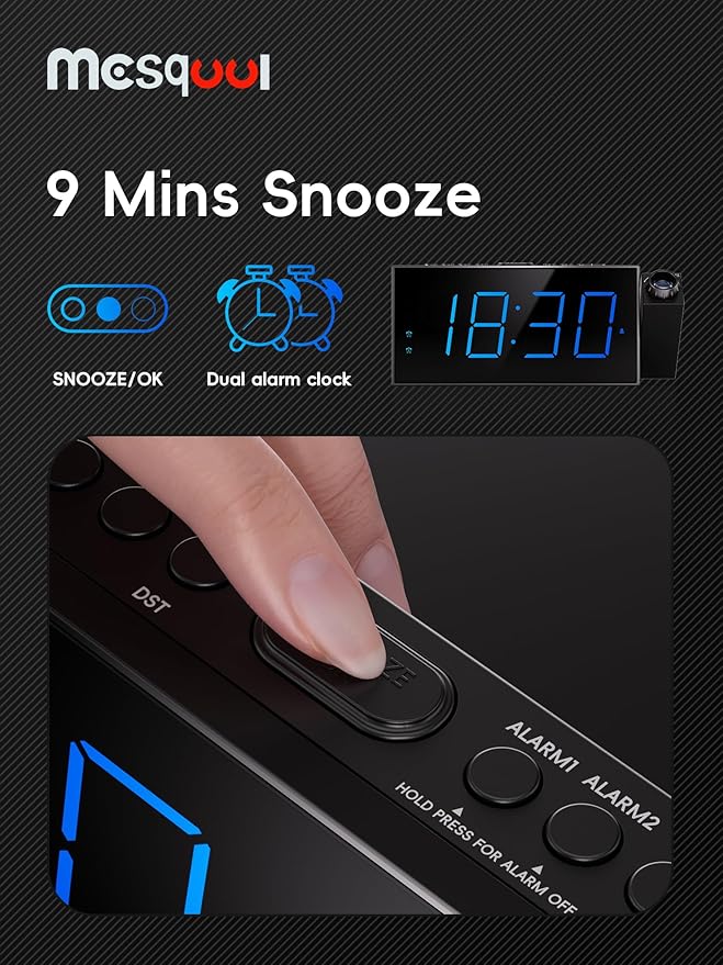 Digital Projection Alarm Clocks for Bedrooms - Large LED Display, 180° Rotatable Projector, 5-Level Dimmer,USB Charger,Battery Backup,Loud Dual Alarms for Kids Elderly,Heavy Sleepers,Snooze,12/24H,DST