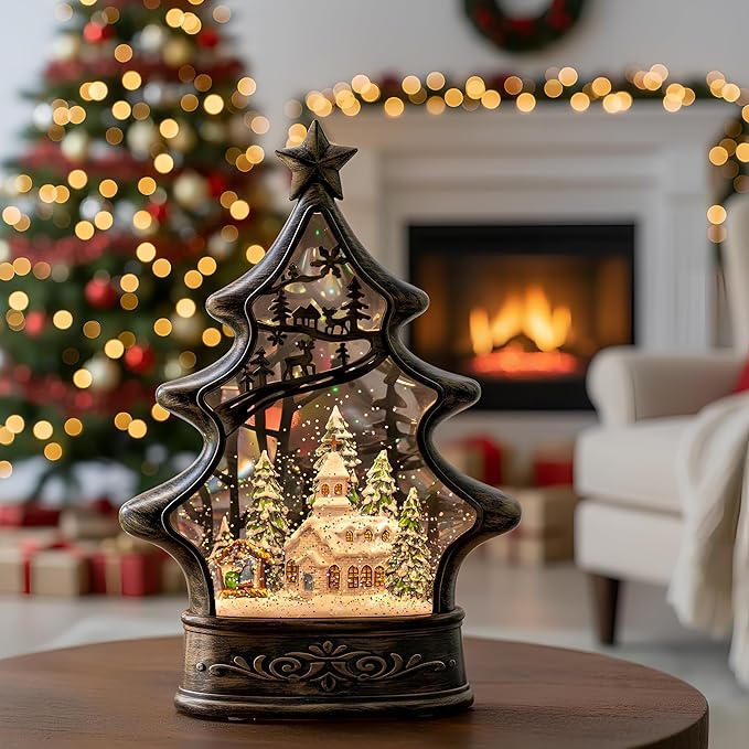 Musical Snow Globe Christmas Tree Lantern Lighted Church with Nativity Manger Scene Water Lantern in Swirling Glitter, Christmas Home Decoration and Gift, Battery Operated or USB Powered