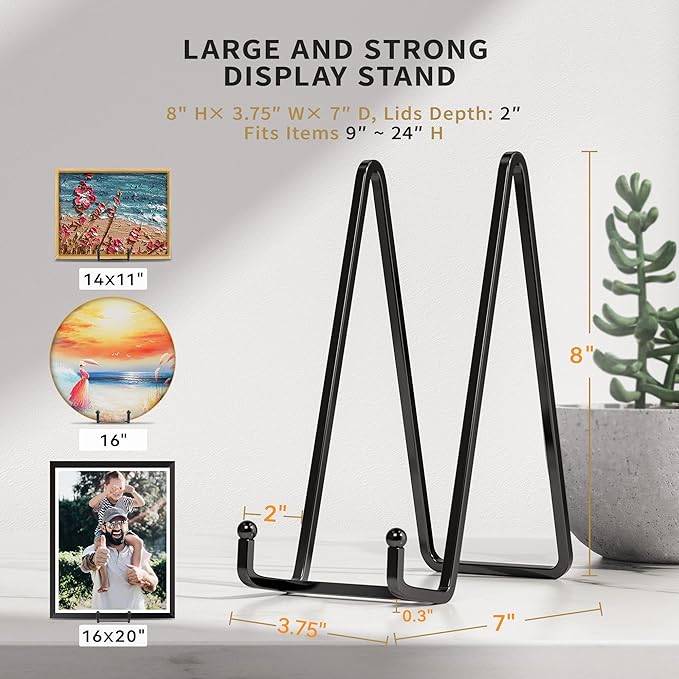 8 Inch Large Plate Stands for Display - Metal Square Wire Plate Holder Display Stand + Picture Stand for Book, Platter, Plaque, Photo Easel (2 Pack)