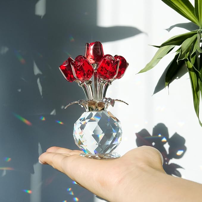 Crystal Red Rose Flower Collectible Figurine with Base Glass Rose Figurine Decor Paperweight Gift for Women Mom