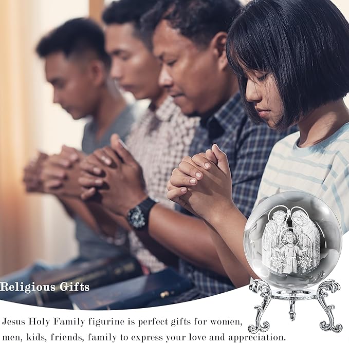 ZEERSHEE 3D Engraved Jesus Holy Family Crystal Ball Glass Jesus Statue Figurine Christian Religious Easter Gifts