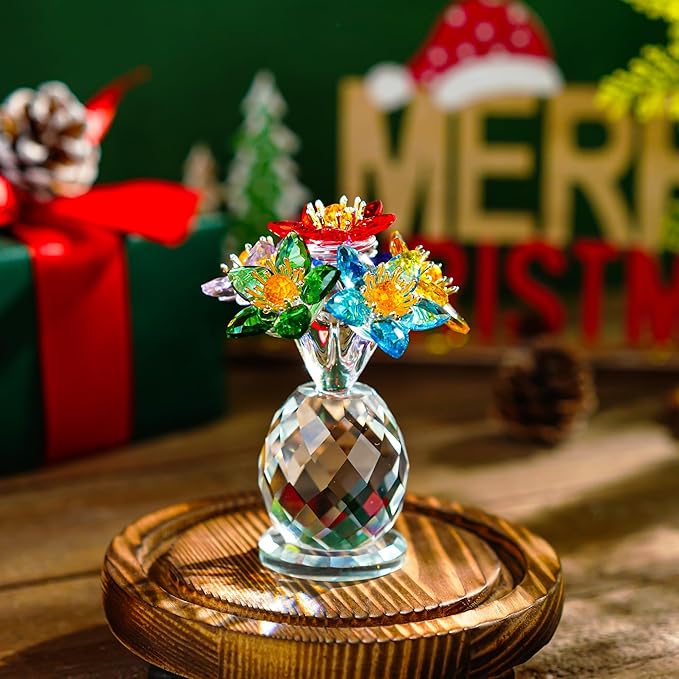 Colorful Crystal Flower Figurine with Base Multicolor Floral Home Decor Christmas Tabletop Centerpiece