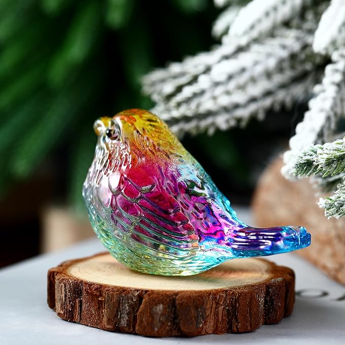 Crystal Glass Bird Figurines Glass Robin Bird Decoration Paperweight Hand Blown Glass Art Animal Collectible Figurines Gift for Women (Colorful)