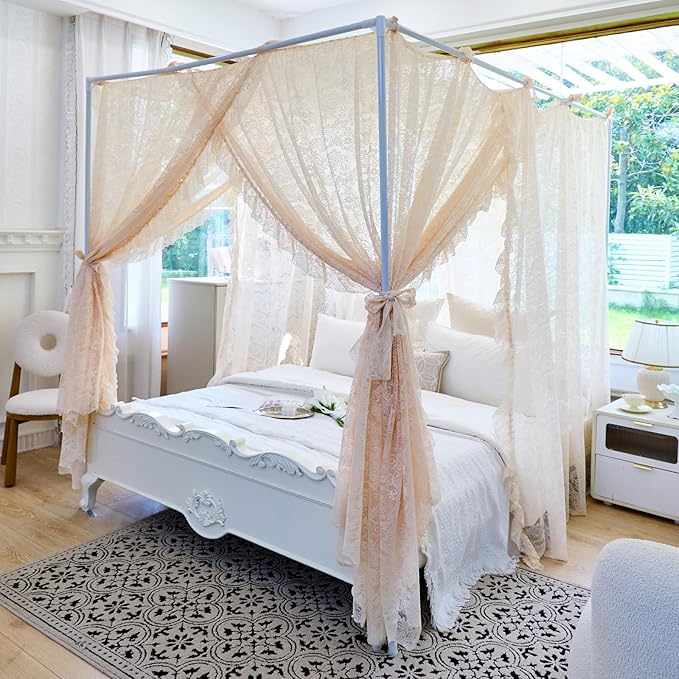 AIKASY Elegant Lace Princess 4-Poster Bed Canopy Mosquito Net - Romantic Wedding Bridal Bedroom Decor, Kids Room Bed Curtain for Women Adults - (Cream-1,King)