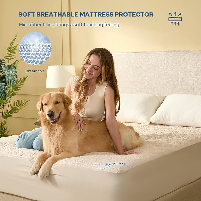 BEDLORE Waterproof Mattress Protector, Twin XL Size Mattress Pad with Deep Pocket 6"-15" Depth, Soft Breathable Bed Mattress Cover for Bedroom, College Dorm (Beige)