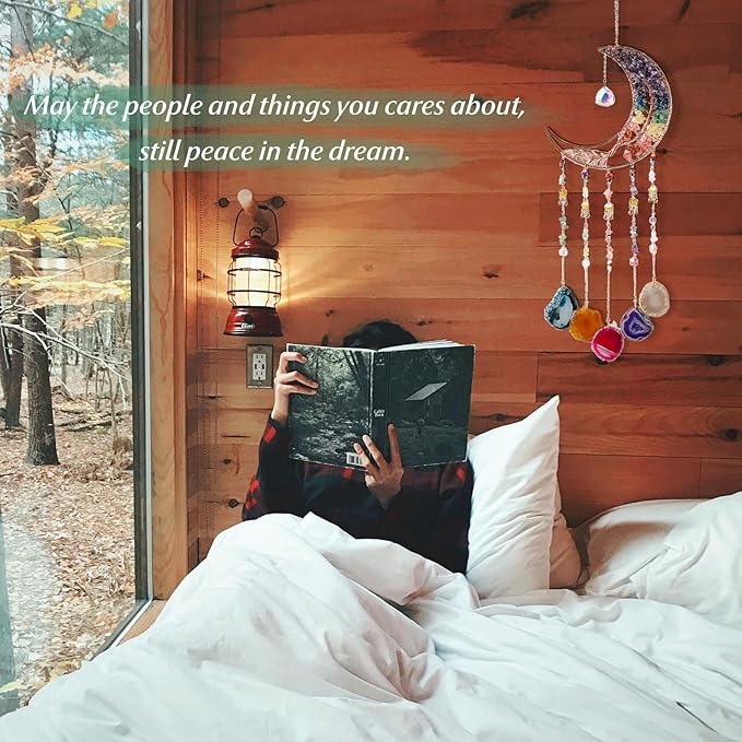 Agate Gemstone Dream Catcher 7 Chakra Tree of Life Dream Catcher with Rainbow Crystal Stones Handmade Dreamcatcher Wall Decor for Adults Boys Girls,Bedroom,Wedding,Garden,Bless Gift(Rainbow Moon)